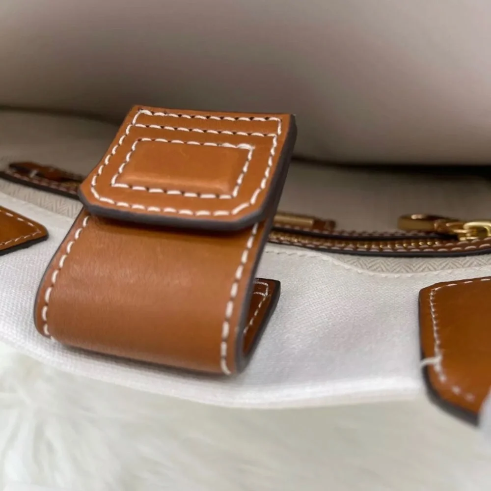 Authentic TORY BURCH Leather/Cotton printed magnetic snap long Tote - Picture 11 of 12